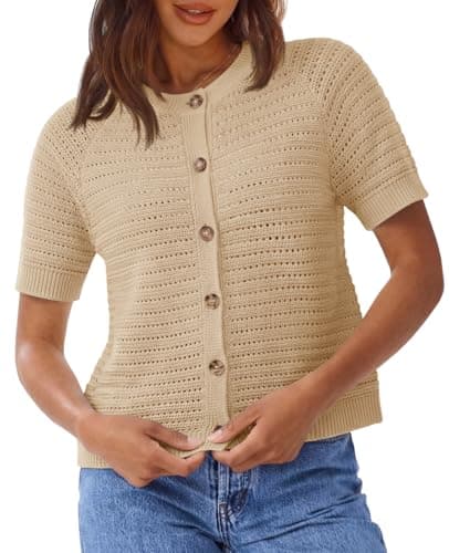 Saodimallsu Womens Crochet Cardigans Short Sleeve Button Down Knit 2026 Summer Casual Crew Neck Sweater Tops Khaki - Image 1