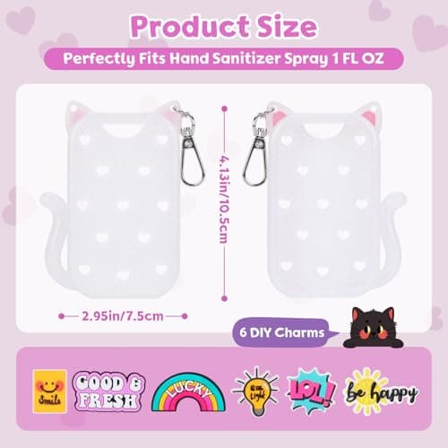 FunisFun Glitter Silicone Holder Case Compatible with Hand Sanitizer Spray 1 Fl. OZ., Adorable Cat-Shaped Keychain with 6 Charms (White) - Thumbnail 2