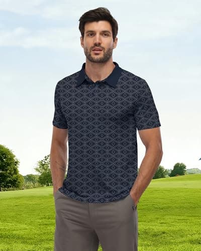 KUYIGO Mens Golf Polo Shirts Dry Fit Performance Moisture Wicking Casual Print Collared Shirts M Dark Blue - Thumbnail 2