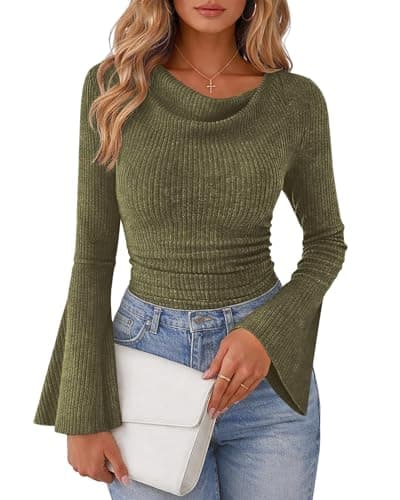 Lazysmile Women's Bell Sleeve Cowl Neck Ribbed Knit Shirts 2026 Ruched Trendy Going Out Tops Casual T Shirt Army Green - Image 1