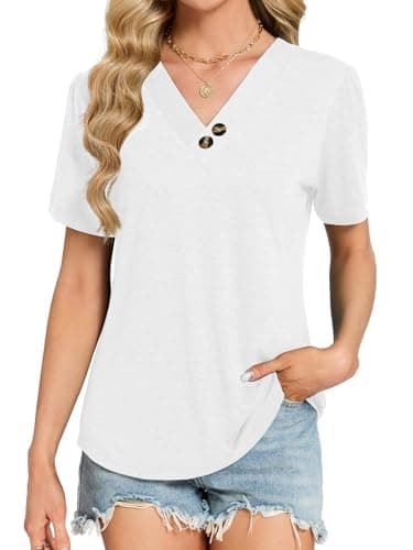 VUTRU Womens Tunic Tops V Neck Blouse Puff Short Sleeve Cute Summer Shirts Loose Flowy Work Casual Beach Travel Holiday, White L - Thumbnail 2