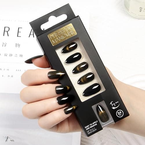 Glue On Nails Almond Black Goth - Cat Eye Mysterious Shine Handmade Reusable Nails for Gothic Chic Look, 24 Nails in 12 Sizes with Glue, Adhesive Tabs, File, Prep Pad, Manicure Stick - Thumbnail 3