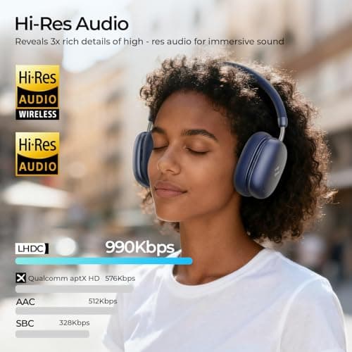 havit Space S1 Hybrid Adaptive Active Noise Cancelling Headphones Wireless, Over Ear Headphones, Bluetooth 6.0, 100H Playtime, LHDC Hi-Res Sound, Custom EQ via App, Travel, Office, Home, Blue - Thumbnail 6