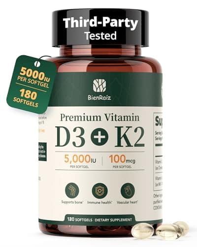 BienRaíz Vitamin D3 K2 5000IU 100mcg MK-7, 180 Softgels, Gluten Free, 2-in-1 K2 D3 Vitamin Supplement for Bone & Heart Health, Immune Support, Energy & Better Calcium Absorption, 6-Month Supply