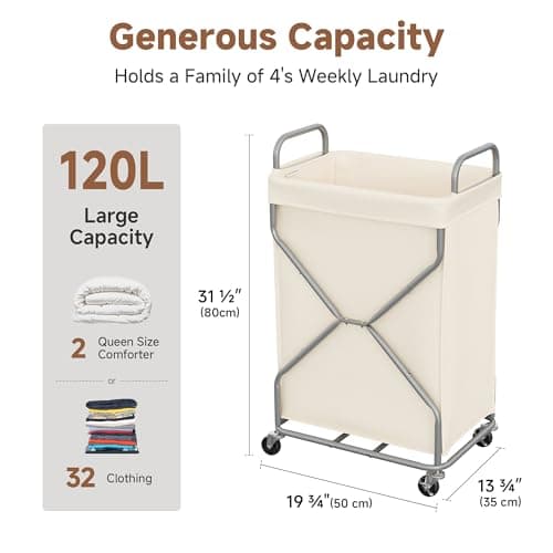 StorageWorks Laundry Basket with Wheels, 120L Rolling Laundry Hamper with Removable Bag and Handles, Laundry Cart for Storage and Organizer, Beige - Thumbnail 2