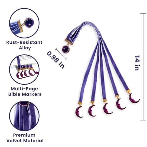 bibiage Velvet Bible Ribbon Bookmark, 5 Multi-Page Bible Bookmarks for Women & Men, 14 inch Ribbon Bookmark for Bible Study, Elegant Christian Gift with Moon Star Pendants, Purple - Thumbnail 2