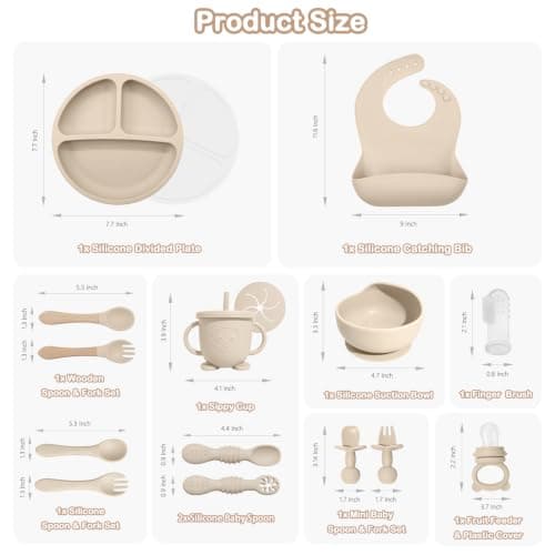 Baby Led Weaning Supplies, 17 Piece BPA-Free Silicone Feeding Set, Eating Essentials Baby Utensils with Suction Plate and Bowl, Pocket Bib, Sippy Cup with Lid, for 6+ Months, Beige - Thumbnail 2