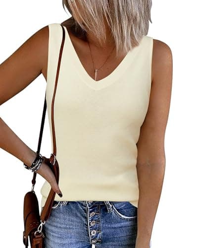 Arach&Cloz 2026 Sweater Vest Women Summer V Neck Sleeveless Tops Spring Tank Tops Wool Blend Ribbed Knit Soft Cashmere Basic Blouse Fashion Shirts Business Casual Teacher Outfits Trendy Cream XXL - Image 1