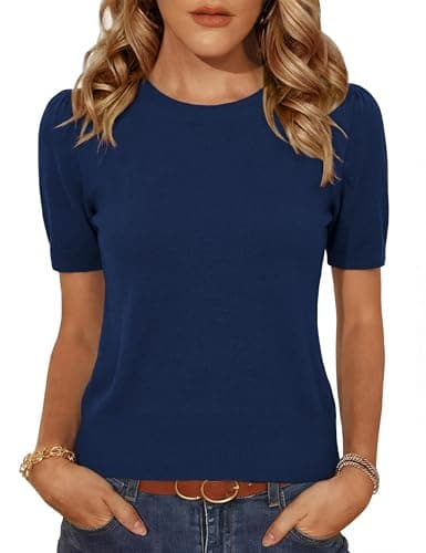 Totatuit Short Sleeve Ladies Sweater Crop Top Sweaters for Women Lightweight Summer Tops Slim Fit Shirts XXL Dark Blue - Image 1