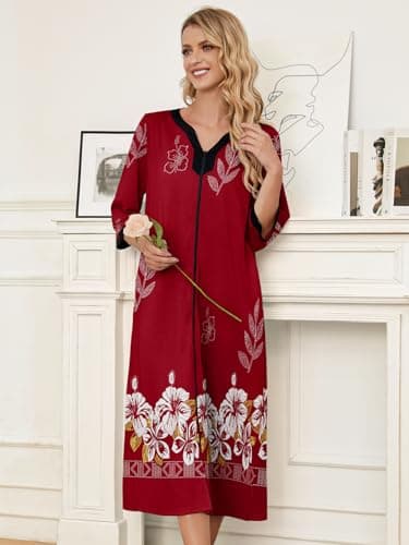 PITINAN Long Duster Housecoat Nightgown Womens Sleepwear Momo Dresses Cotton Short Sleeve Nightshirt Zip Front Bathrobe Nightwear House Dress With Pockets Comfy Lounger Wine Red S - Thumbnail 4