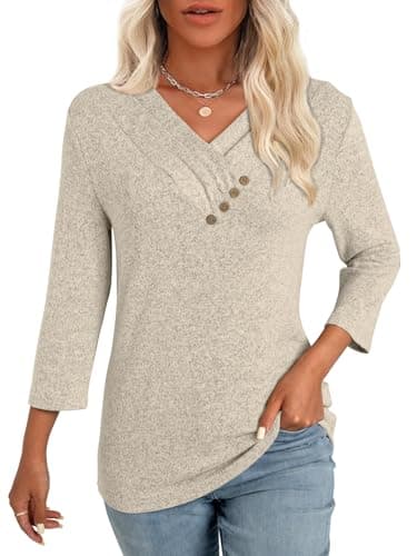 GKBK Womens 3/4 Sleeve Tunic Tops for Leggings V Neck Button Loose T Shirts 2026 Fall Summer Dressy Business Casual Blouse Pullover Sweatshirt Work Cute Fashion Trendy Sweater Outfit Clothes Khaki S - Image 1