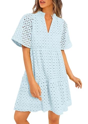 PRETTYGARDEN Eyelet Dresses for Women 2026 Summer Short Sleeve V Neck Hollow Out Ruffle A Line Boho Beach Vacation Mini Dress (Light Blue,X-Large) - Image 1