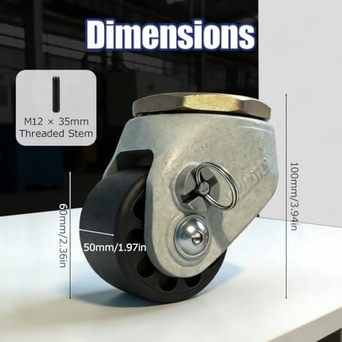 LSWhee 2 Inch Leveling Casters Set of 4, 4000 LBS Heavy Duty Low Profile Threaded Stem Casters, Nylon Wheels for Workbench & Equipment, M12 x 35mm, Hammered Gray - Thumbnail 2