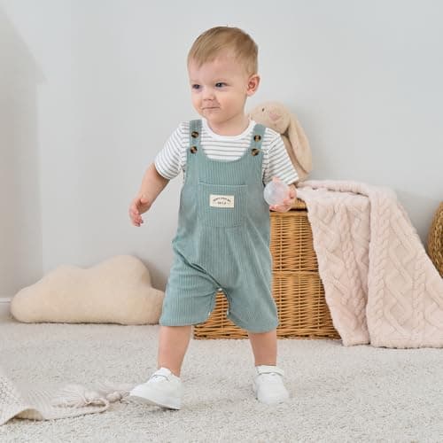 JiuBreeze Baby Boys Bodysuit Summer Clothes Set 2-pcs Striped Romper & Overalls Shorts Set Jumpsuit 0-12Months (Green, 9-12M) - Thumbnail 4