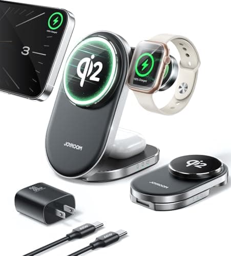 Qi2 3 in 1 Wireless Charging Station,JOYROOM 15W Fast Wireless Charger Stand for iPhone 16/15/14/13, Apple Watch, AirPods, Magnetic Foldable for MagSafe Charger for Multiple Devices (with 30w Adapter) - Image 1