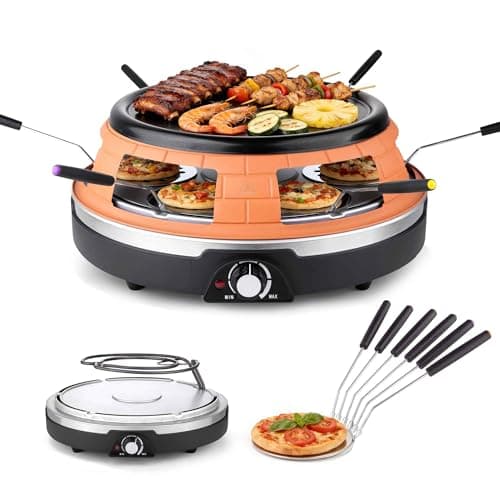 Saenchue Multifunction Raclette Grill & Mini Pizza Oven, 1200W Electric Pizza Oven with Flat Griddle Top, Indoor Grill with 6 Mini Pizza Baking Slots, Temperature Control, Personal Pizza Maker, PM-01 - Image 1