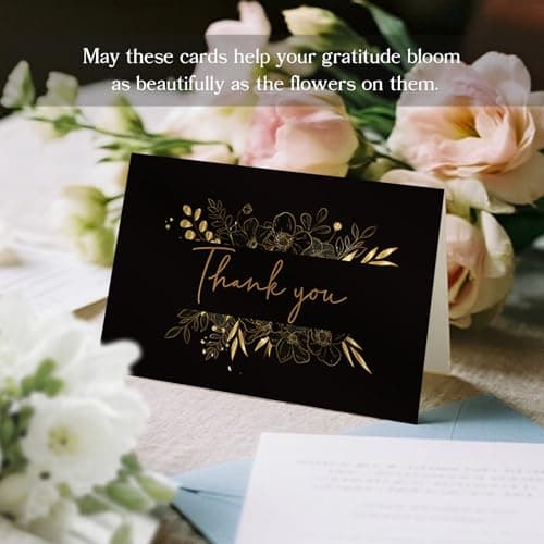 Oaken Leaford 108 Pack Pre-Folded Floral Thank You Cards with Envelopes & Stickers, 6 Elegant Designs for Wedding, Baby Shower, Bridal Shower, Teacher Gifts (Black Gold) - Thumbnail 6