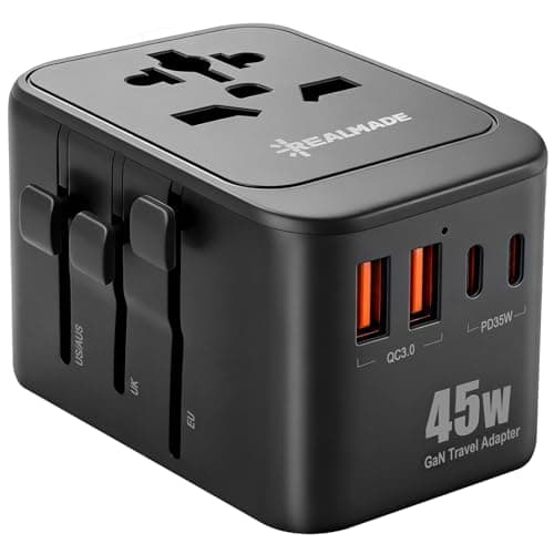 Realmade 45W Universal Travel Adapter with PD Fast Charging， International Power Adapter 5-Port (1 AC/2 USB-A/2 USB-C) European Travel Plug Adapter, Travel Essentials (Black) - Image 1