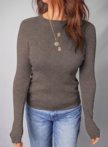 Dokotoo Fall Sweaters for Women 2025 Basic Tops Fahion Chocolate Brown Fall Clothes Trendy Pullover Sweater Solid Long Sleeve Crewneck Slim Fit Casual Outfits Ladies Winter Clothing X-Large - Thumbnail 5