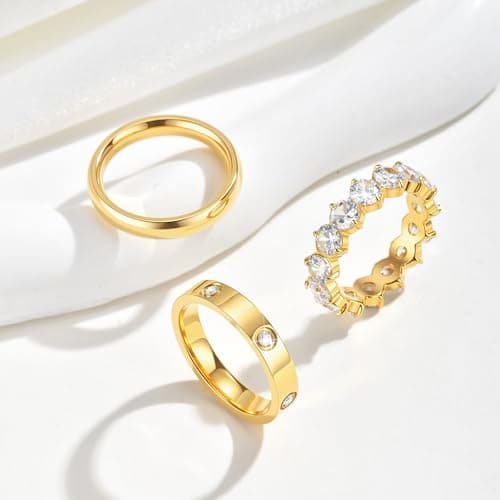 Stackable Gold Rings for Women - 3Pcs 18K Gold Plated Ring, Stainless Steel Cubic Zirconia Band, Waterproof Non-Tarnish Minimalist Jewelry Daily Fashion Birthday Valentines Day Gift for Her Girlfriend - Thumbnail 5