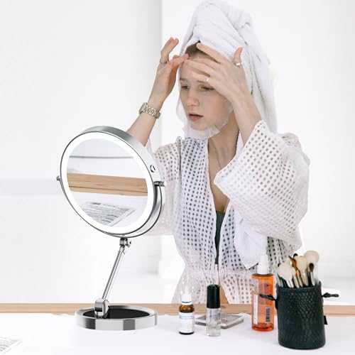 Rocollos Tabletop Makeup Mirror with Built-in Vanity Tray, 9" Rechargeable 4000mAh Lighted Vanity Mirror 1X/10X Magnification, Height-Adjustable Arm, 3 Color Dimmable (9Inch Chrome) - Thumbnail 2