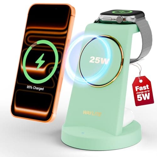 3 in 1 Fast Charging Station for iPhone, 25W Wireless Magnetic Phone Charger for iPhone 17 16e 16 15 14 13 12 Serise, Watch Charger Stand, Wireless Charging Station for AirPods 4 3 Pro, Green