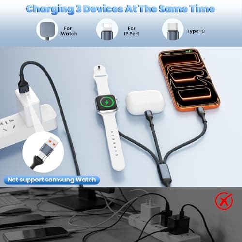 Travel Cruise Essentials 3 in 2 Multi Charging Cable Cord for iWatch Charger/IP/USB C, Braided USB A/C Cable iPhone Charger for Multiple Devices,Car Accessories for iWatch Series/iPhone 17-11/iPad-4FT - Thumbnail 2