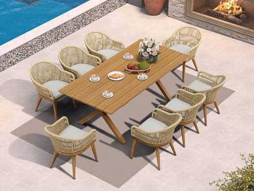 PURPLE LEAF 9 Pieces Outdoor Dining Set with Cushion Modern Woven, Teak