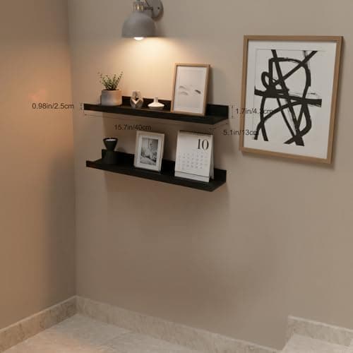 Modcraft Black Floating Shelves with Lip 16 Inch, Wall Mounted Picture Ledge Shelf for Bathroom & Bedroom, Rustic Wood Display Shelf for Photos, Frames & Collectibles, Set of 2 - Thumbnail 4