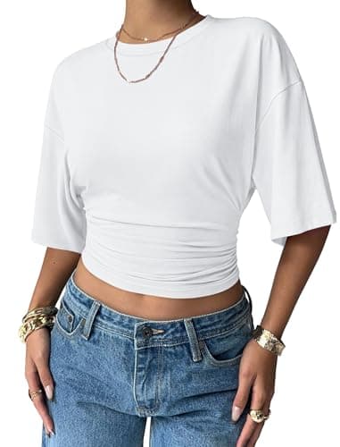 Sampeel Summer Tops for Women Trendy 2026 White Shirts Womens Plain T Shirts for Women 2026 Crewneck Ruched Waist Tshirts Vacation Travel Outfits L - Image 1
