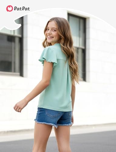 PATPAT Girls Ruffle Short Sleeve Shirts Size 7-8 Years Light Green Summer V Neck Solid Tee Tops Little Girl Casual Cute Fashion Blouse - Thumbnail 4