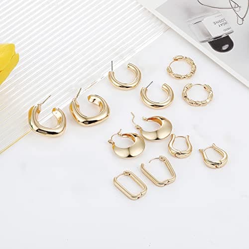 6 Pairs 14K Gold Plated Hoop Earrings for Women Lightweight Chunky Hoop Earrings Multipack Hypoallergenic, Thick Open Twisted Huggie Hoops Earring Set Jewelry for Gifts. (new gold hoops) - Thumbnail 6
