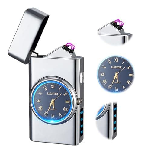 TIKIUKI Rechargeable Windproof Arc Lighter with Dual Flame, LED Light, Cool Dial Display, USB Charging – Perfect for Camping, Hiking, BBQ, and Everyday Use(Silvery) - Image 1