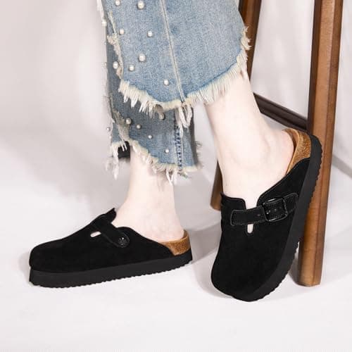 Brelzo Calvior Platform Clogs for Women Arch Support Suede Clogs Soft Mules Potato Shoes Casual Slipper Sandals with Adjustable Buckle, Non-Slip Black - Thumbnail 2