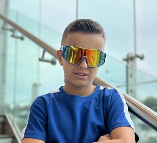 FEISEDY Unisex Youth Sunglasses, Teens Baseball Tennis Sunglasses, UV400 Sports Boys Girls Cycling Shades B4064 (Blue Yellow Frame/Red Mirror) - Thumbnail 5