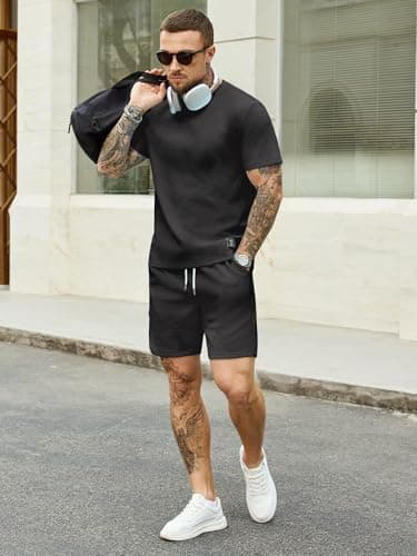 JEMLDL Mens 2 Piece Shorts Set Summer Jacquard Knit T-Shirt and Shorts Outfits Lounge Wear Casual Clothing with Pockets Black L - Thumbnail 4