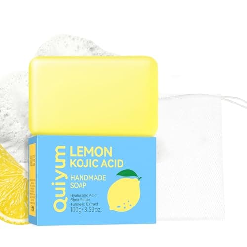 QUIYUM Lemon Kojic Acid Soap for Face & Body - Handmade Bar Soap with Vitamin C, Turmeric & Hyaluronic Acid - Cleansing & Moisturizing Formula for Dark Spots & Uneven Skin Tone - 3.53 Oz (100g) - Image 1