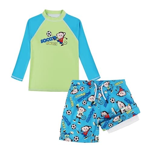 Swim Sets Little boy,Boys Swim Shirt with Trunks with Compression Lined Blue Neon Soccer Monkey UPF50+ Long Sleeve 4T - Image 1