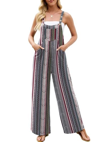 Heymoments Overalls Jumpsuits Rompers for Women Vertical Stripes X-Large Casual Maternity Winter Fall Comfy Ladies Loose Fit Wide Leg One Piece Sleeveless Grils Long Bib Baggy Pants with Pockets - Image 1