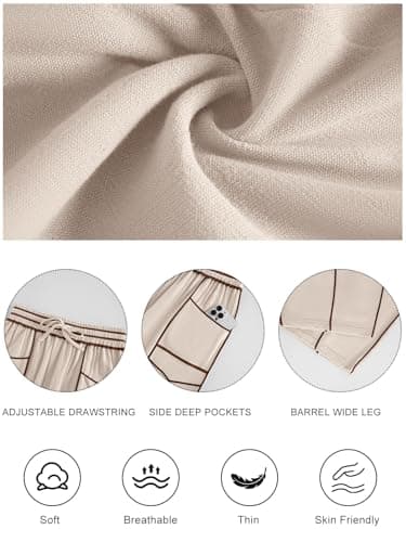 grewley Womens Linen Barrel Pants Baggy Wide Leg Pants Summer Palazzo Drawstring Waist Pants with Pockets Casual Apricot L - Thumbnail 6