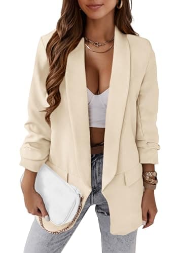 KIRUNDO Blazers for Women Oversized Business Casual 2026 Spring Fall Fashion Long Sleeve Open Front Work Office Suit Jackets(Beige White, Small) - Image 1