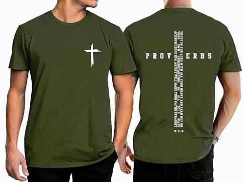 Christian Shirts for Men Faith Cross Print Tshirts Bible Verse Inspirational Graphic Crewneck Short Sleeve Top Green - Image 1