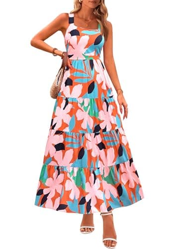 PRETTYGARDEN Women's Summer Floral Maxi Dress Sleeveless Smocked Ruffle Long Flowy Beach Vacation Boho Sundresses (Floral Orange Pink,X-Large) - Image 1
