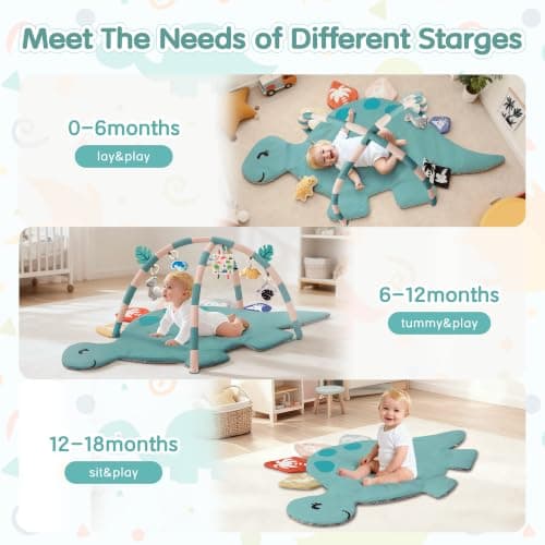 Baby Tummy Time Mat, Oversize Dinosaur Shaped Baby Play Gym Mat with 6 Toys, Play Mat for Babies 0-6-12 Months Promotes Motor Skills & Sensory Development, Newborn Essentials Infant Shower Gift - Thumbnail 5