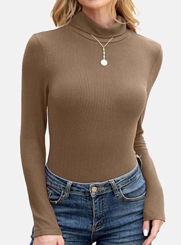 GKBK Womens Turtleneck Long Sleeve Tops Ribbed Basic Tshirts Thermal Underwear Warm Lightweight Fall Sweaters 2025 Fashion Outfits Winter Clothes Brown - Thumbnail 2