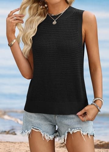 ATHMILE Summer Crochet Tank Tops for Women 2026 Casual Crewneck Hollow Out Loose Knit Sleeveless Sweater Vest Top Trendy Black - Thumbnail 5