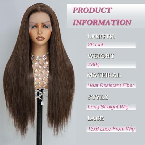 Barbique Chocolate Brown Synthetic Lace Front Wig, 13x6 Hd Lace Wig Glueless Synthetic Heat Resistant Long Straight Brown Wig Deep Parting with Baby Hair 26 Inch Suitable For Everyday Wear - Thumbnail 4