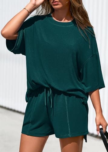 KIRUNDO 2 Piece Sets for Women Summer Lounge Sets Casual Oversized Tshirts Shorts Matching Airport Travel Outfits Postpartum(Peacock Green, X-Large) - Thumbnail 4