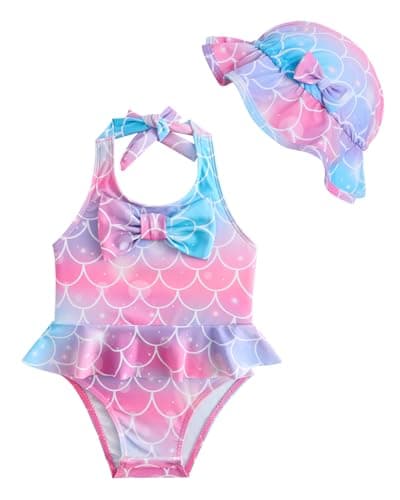 JiAmy Baby Girl Swimsuit Infant One Piece Bathing Suit Ruffle Bow Bikini Tankini with Hat Cute Toddler Swimwear 0-24M - Image 1