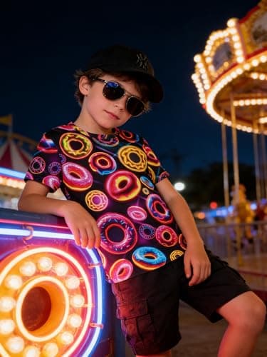 Funnycokid Boys Shirts Size 8-9 Kids T-Shirts Girls Neon Donuts Retro-Futuristic Digital Print Clothes Tops Tees Graphic Cool 8-9 Years Youth - Thumbnail 3